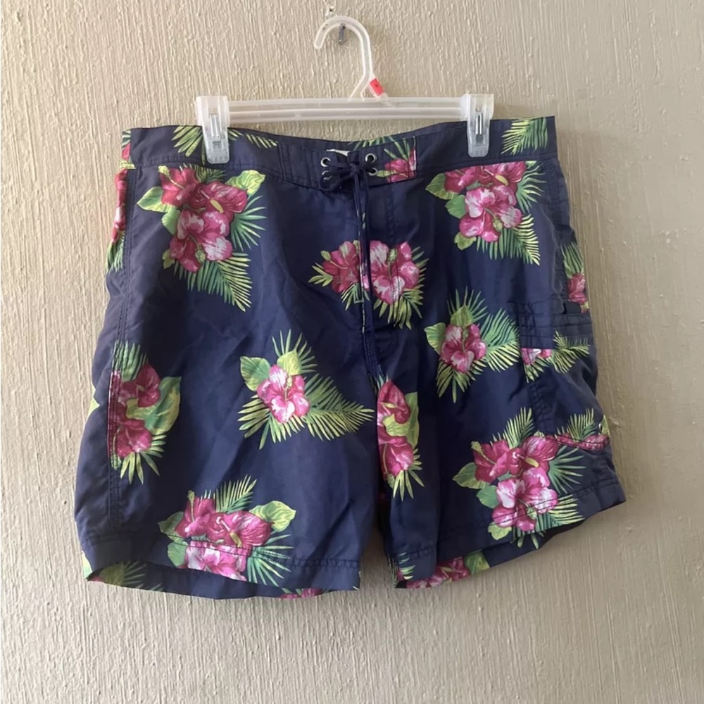 J. Crew Board Shorts Mens 34 Swim Trunks Blue Hawaiian Mesh Lined Drawstring